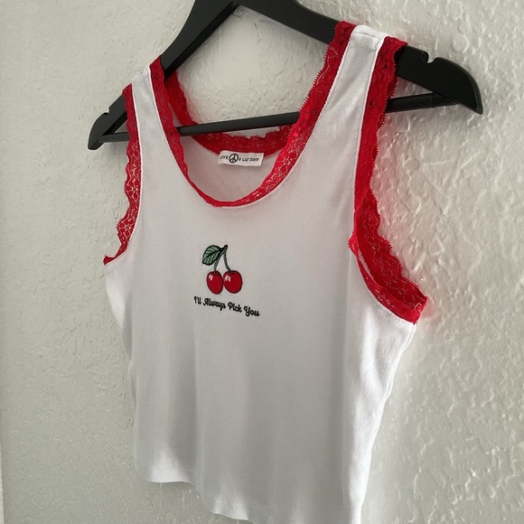 White & Red Cherry Crop Top - Picture 2 of 3